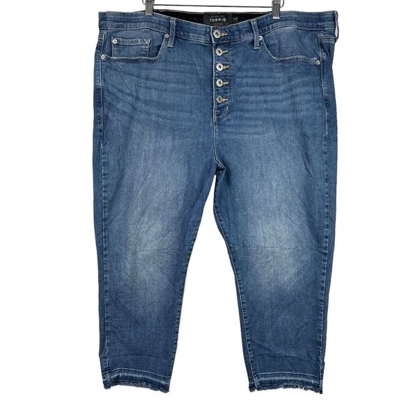 TORRID Sky High Skinny Crop Distressed Jeans‎ Womens Plus Size 26 Blue Raw Hem - Picture 1 of 15
